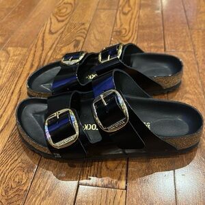 Birkenstock Black Sandals with Metallic Buckles